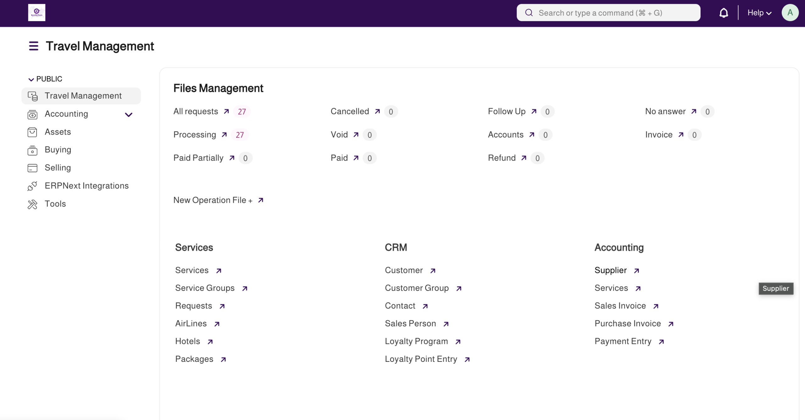 Travel Dashboard in Webbo Travel ERP