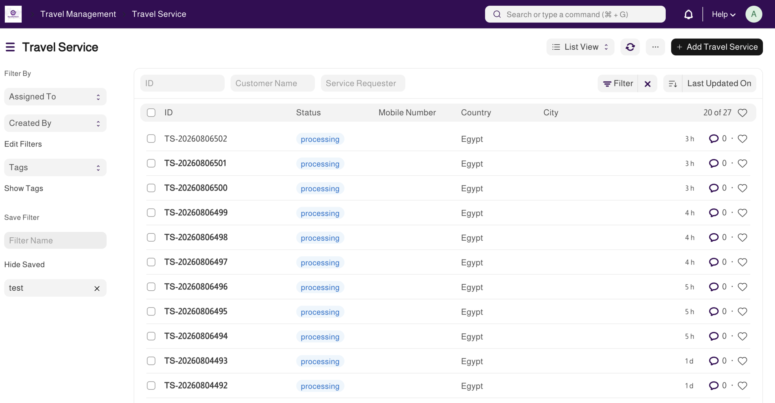 Travel Files Management financial details in Webbo Travel ERP