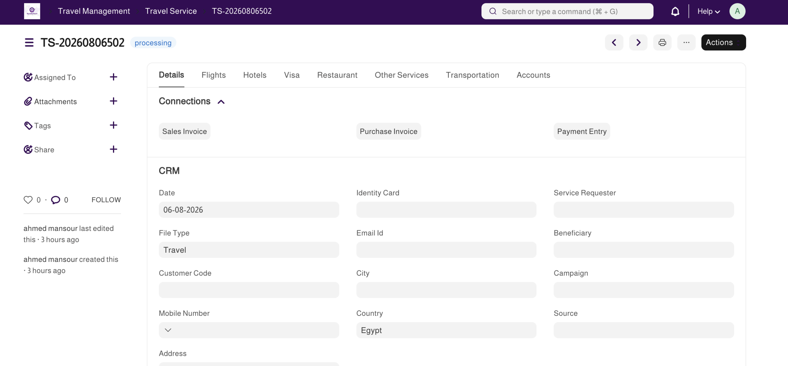 Travel Files Management services screen in Webbo Travel ERP