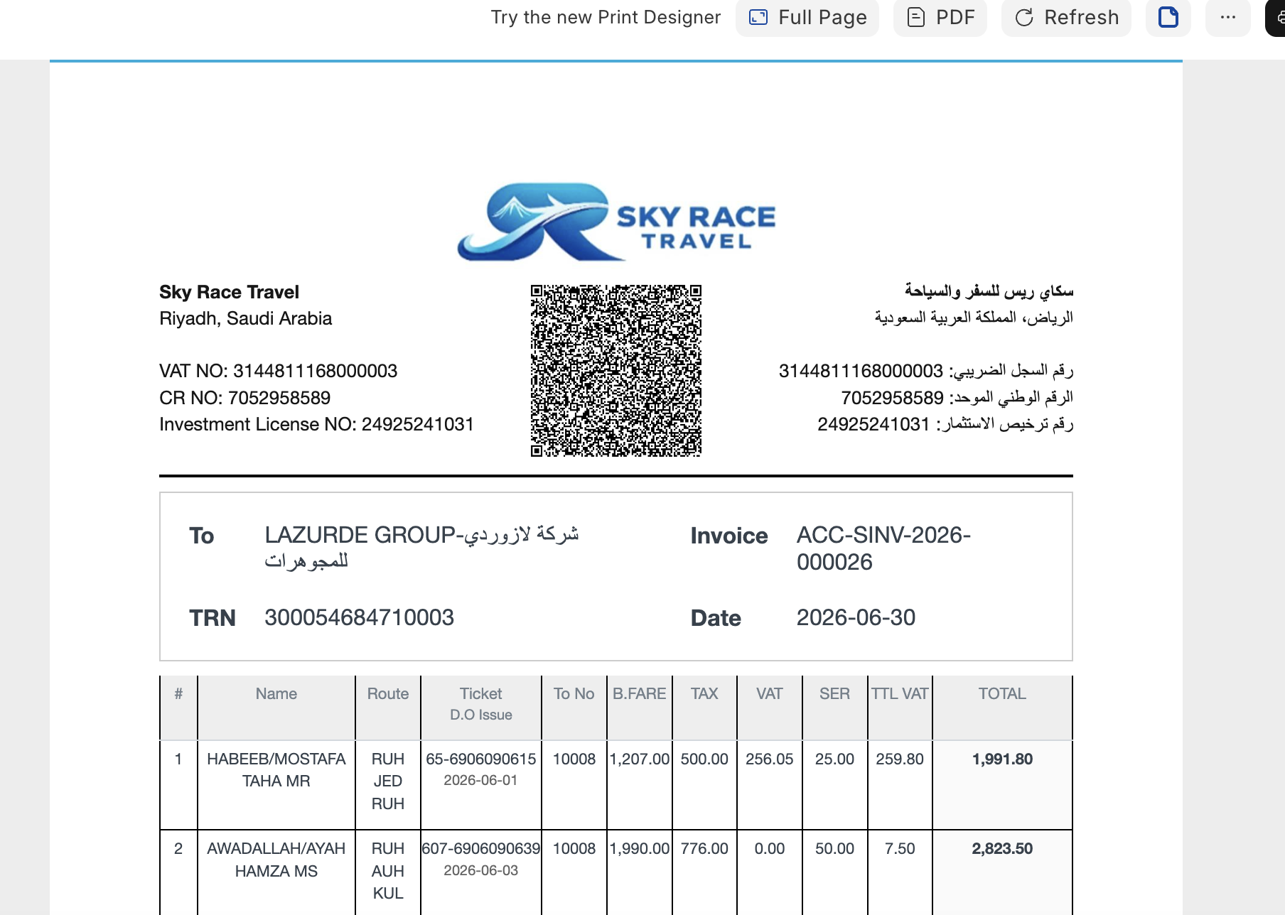 Flight Ticket Invoice details in Webbo Travel ERP
