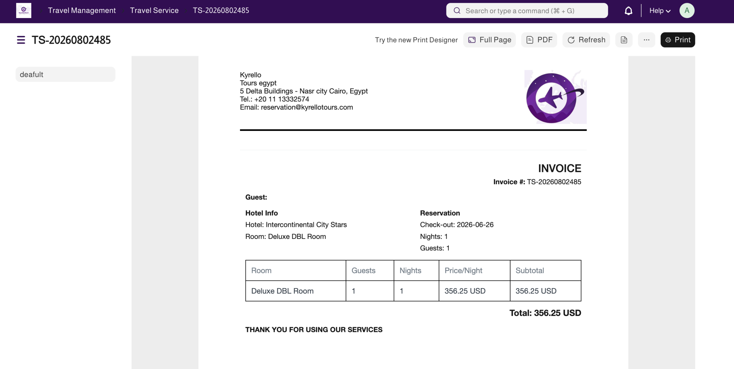 Travel ERP Invoice screen