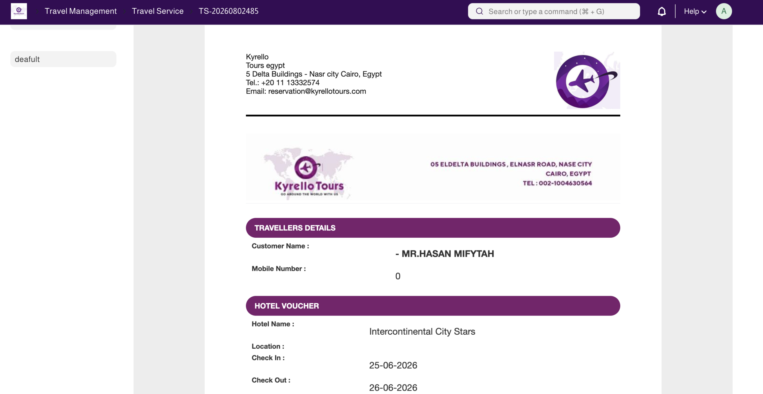 Hotel Voucher details in Webbo Travel ERP
