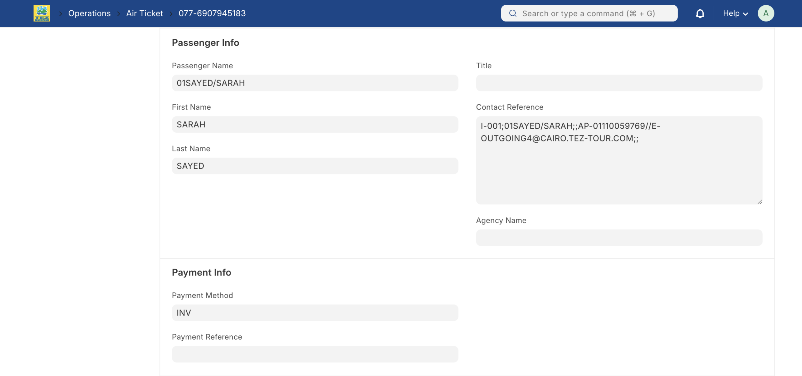 Amadeus air ticket details screen in Webbo Travel ERP